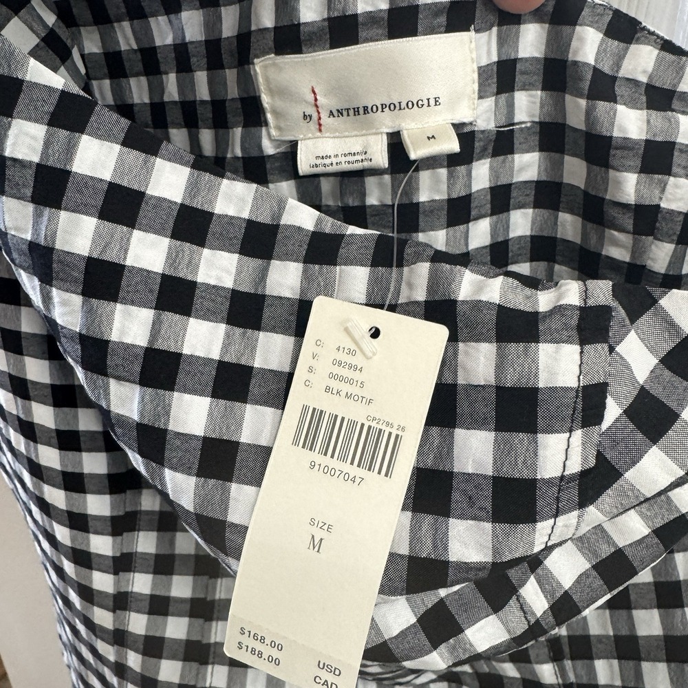 By Anthropologie One Shoulder Gingham Midi Dress Classic Black White Medium NWT - Picture 6 of 7